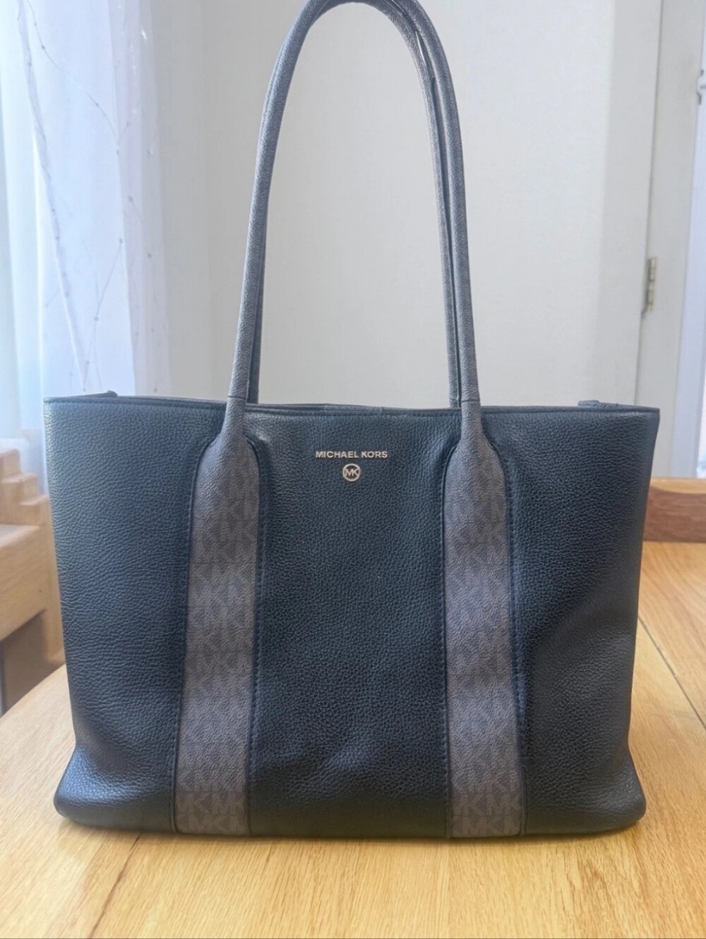 Michael Kors Black Tote with Brown Logo Straps